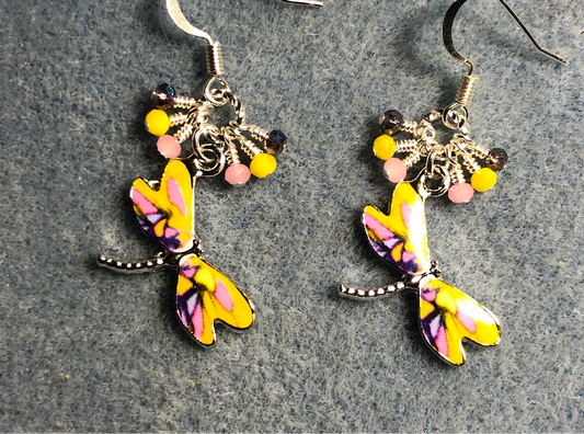 Yellow, pink, and purple enamel dragonfly charm earrings adorned with tiny dangling yellow, pink, and purple Chinese crystal beads.