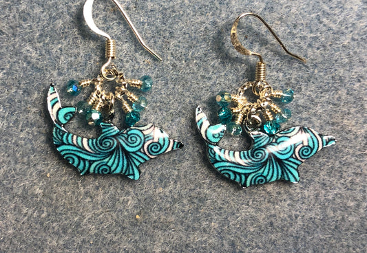 Turquoise patterned enamel shark charm earrings adorned with tiny dangling turquoise and silver Chinese crystal beads.