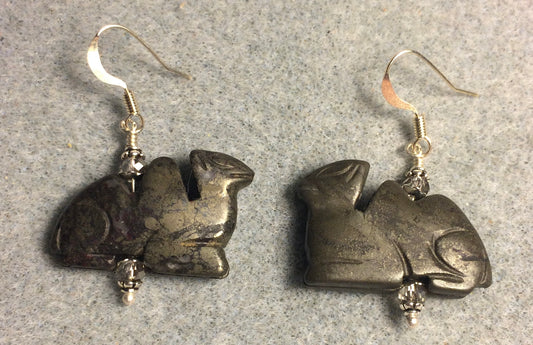 Gray marcasite gemstone camel bead earrings adorned with gray Chinese crystal beads.