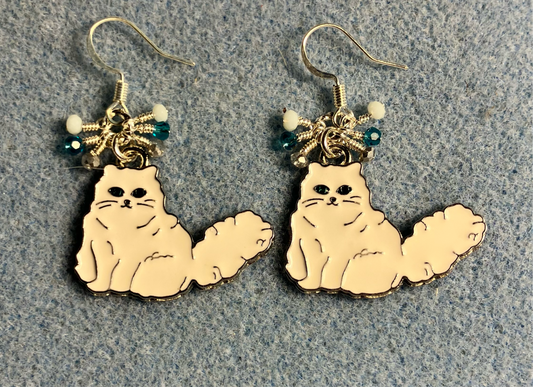White and silver enamel Persian cat charm earrings adorned with tiny dangling white, turquoise, and silver Chinese crystal beads.