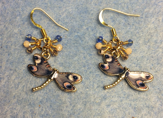 Peach and blue enamel dragonfly charm earrings adorned with tiny dangling peach, blue, and gold Chinese crystal beads.