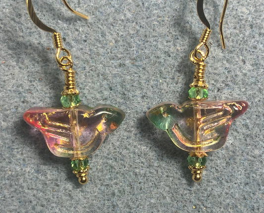 Translucent light green and pink (with gold wash) Czech glass bird bead earrings adorned with light green Chinese crystal beads.