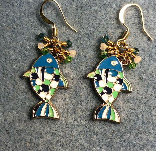 Turquoise, white, and green enamel fish charm earrings adorned with tiny dangling turquoise, white, and green Chinese crystal beads.