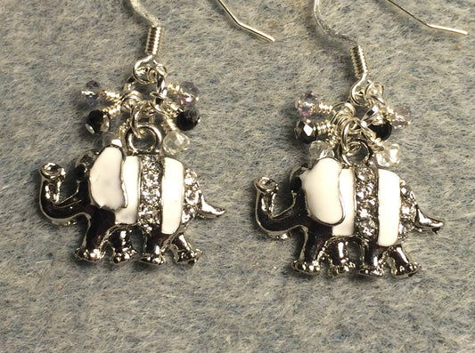 Silver and white enamel and  rhinestone elephant charm earrings adorned with tiny dangling gray and clear Chinese crystal beads.