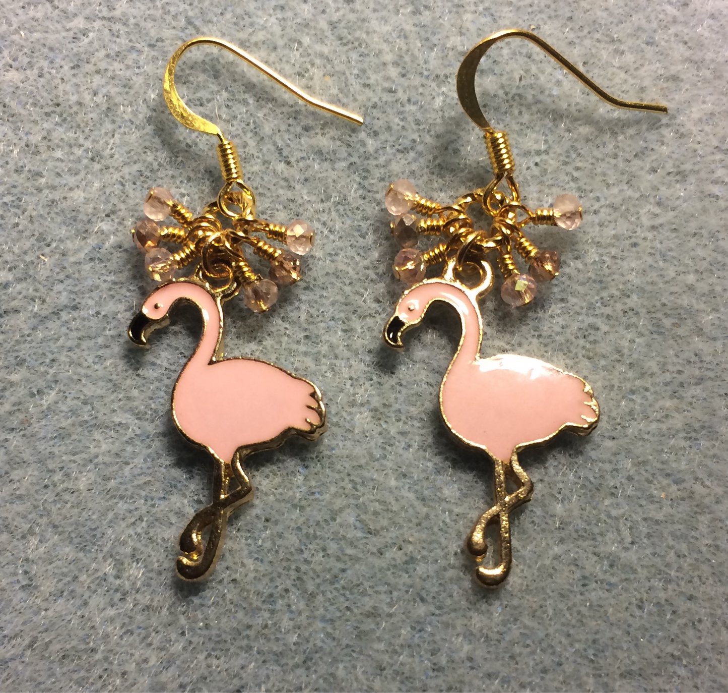 Pink peach enamel flamingo charm earrings adorned with tiny dangling pink and peach Chinese crystal beads.