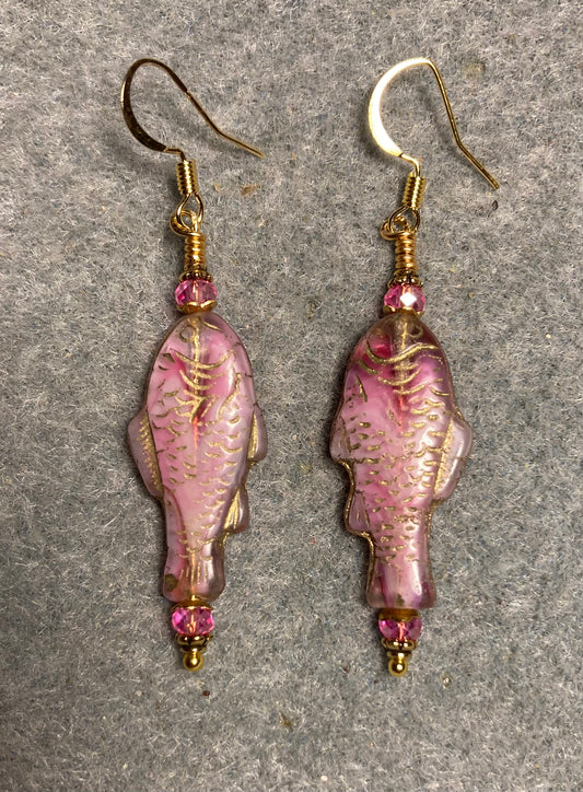 Hot pink (with gold inlay) Czech glass fish bead earrings adorned with hot pink Chinese crystal beads.