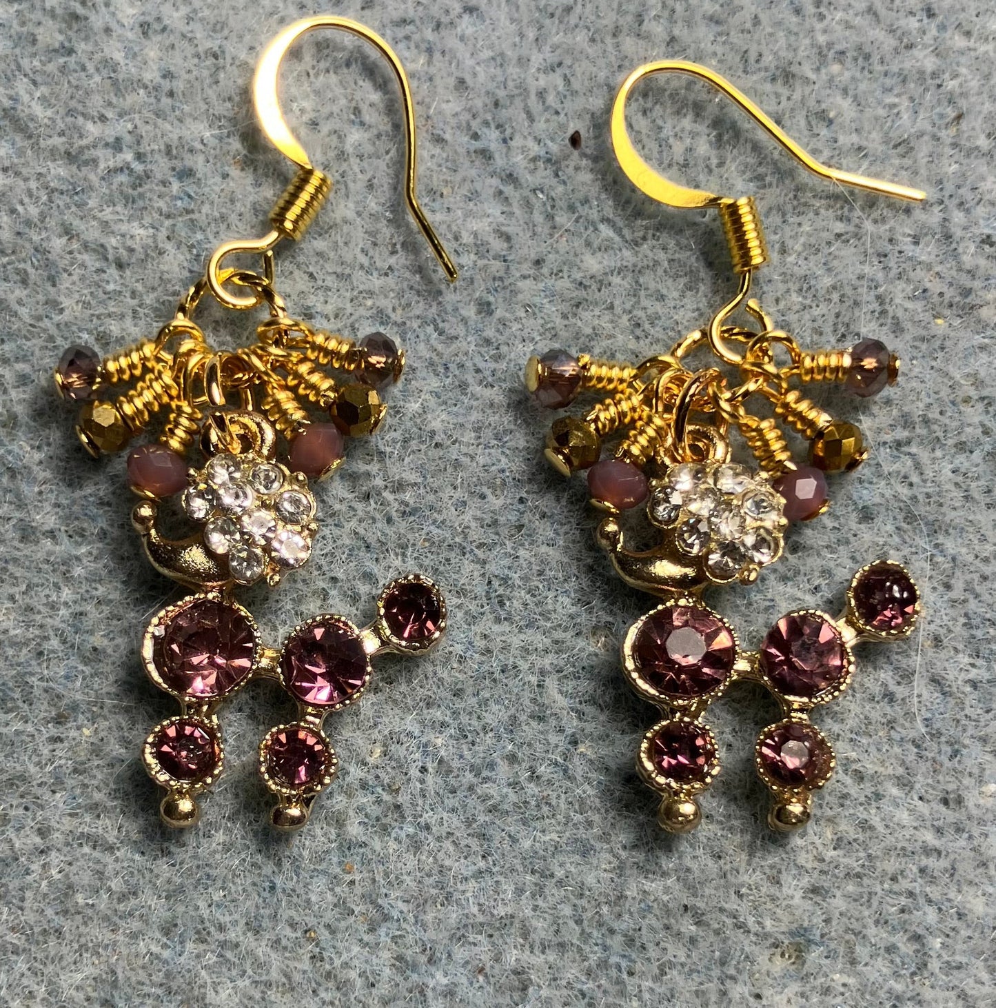 Violet and clear rhinestone poodle charm earrings adorned with tiny dangling violet and gold Chinese crystal beads.