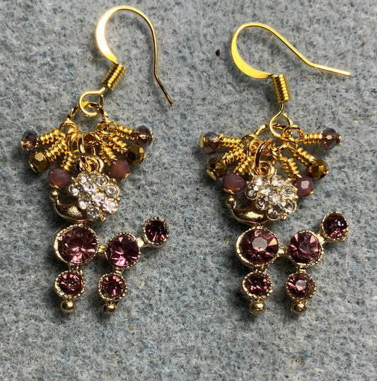 Violet and clear rhinestone poodle charm earrings adorned with tiny dangling violet and gold Chinese crystal beads.