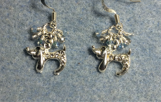 Tiny silver and clear rhinestone dachshund charm earrings adorned with tiny dangling light blue and clear Chinese crystal beads.