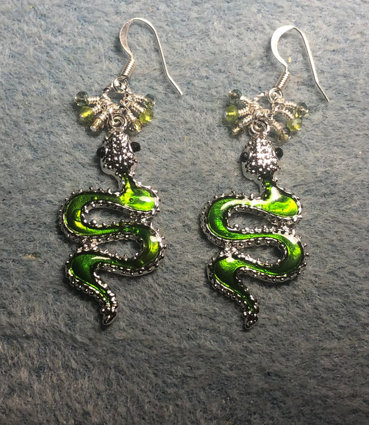 Olive green enamel coiled snake charm earrings adorned with tiny dangling olive green and silver Chinese crystal beads.