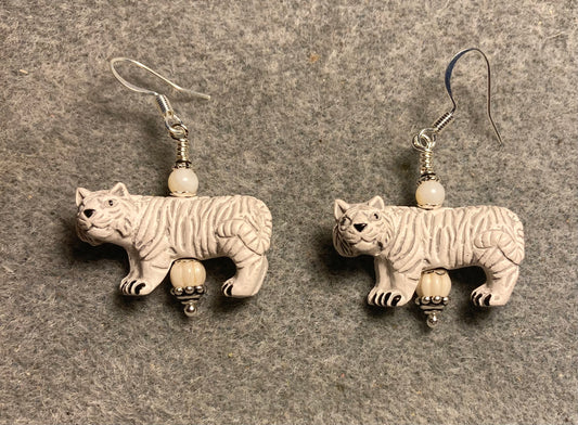 White ceramic striped tiger bead earrings adorned with white Czech glass beads.