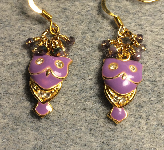 Vintage violet enamel and  rhinestone owl charm earrings adorned with tiny dangling violet and purple Chinese crystal beads.