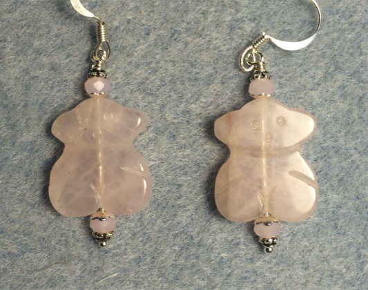 Pink rose quartz gemstone sitting bunny rabbit bead earrings adorned with pink Chinese crystal beads.