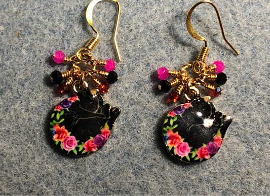 Black, red, and pink enamel sleeping cat charm earrings adorned with tiny dangling black, red, and pink Chinese crystal beads.
