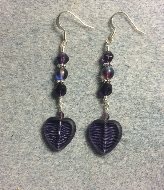 Dark purple striped Czech glass heart bead earrings adorned with dark purple Czech glass beads.