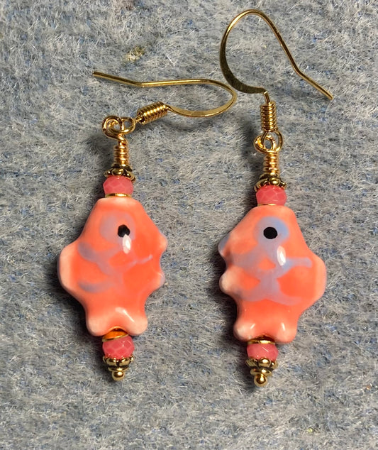 Small salmon and blue ceramic fish bead earrings adorned with salmon Chinese crystal beads.