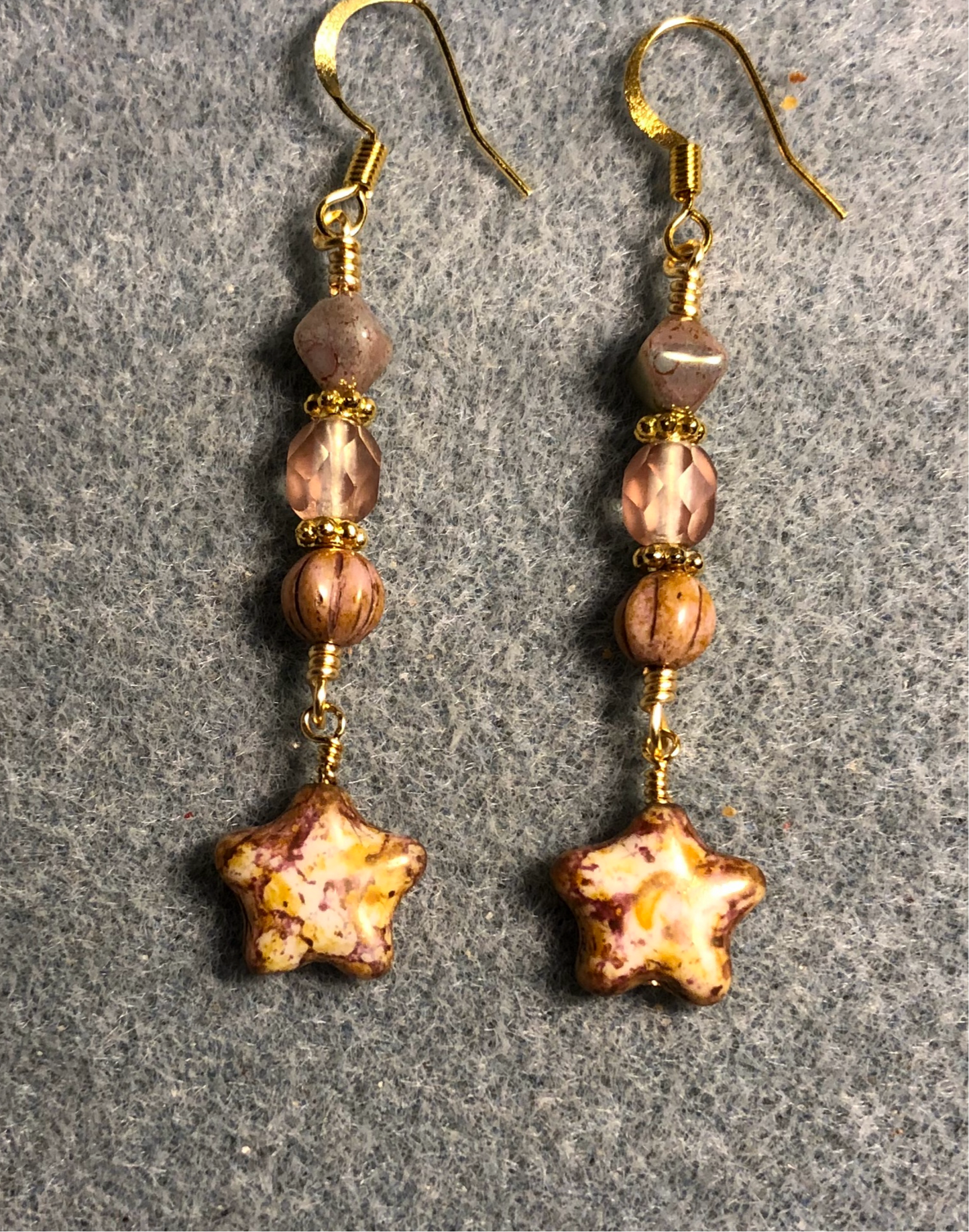 Small pink and gold speckled Czech glass star bead earrings adorned with pink speckled Czech glass beads.