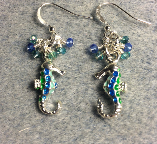 Silver, blue, and green enamel seahorse charm earrings adorned with tiny dangling silver, blue, and green Chinese crystal beads.