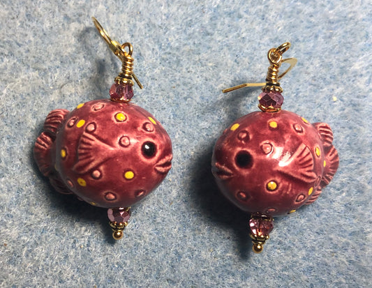 Rose pink ceramic blowfish bead earrings adorned with rose pink Chinese crystal beads.