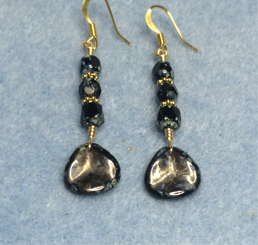 Black Picasso Czech glass rose petal earrings adorned with black Picasso Czech glass beads.