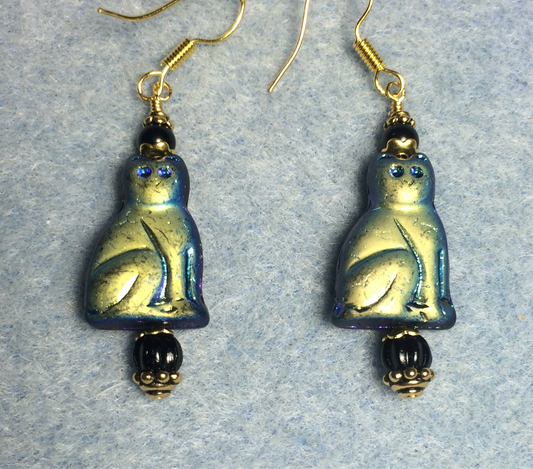 Metallic black Czech glass cat bead earrings adorned with black Czech glass beads.