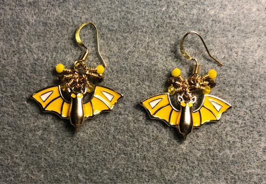 Yellow and gold enamel bat charm earrings adorned with tiny dangling yellow, gold, and amber Chinese crystal beads.