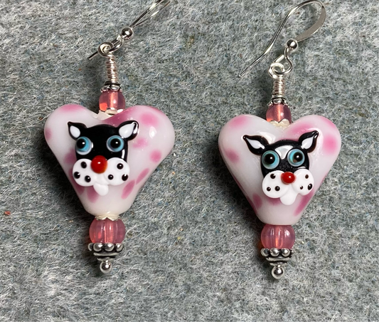 Tan and pink heart shaped lamp work cat bead earrings adorned with pink Czech glass beads.