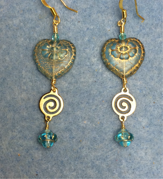 Opaque turquoise (with gold inlay) Czech glass heart bead earrings adorned with gold swirly links and turquoise Czech glass Saturn beads.