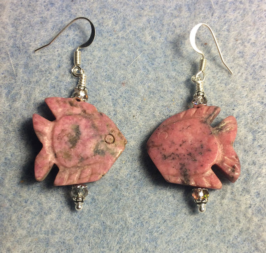 Large pink rhodonite gemstone angelfish bead earrings adorned with pink Chinese crystal beads.