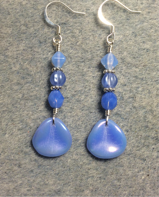 Opaque cornflower blue Czech glass rose petal earrings adorned with light blue Czech glass beads.