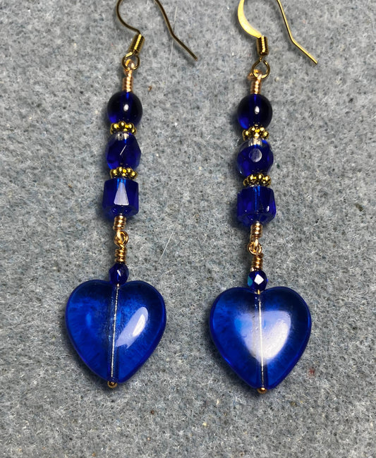 Cobalt blue Czech glass heart bead earrings adorned with cobalt blue Czech glass beads.