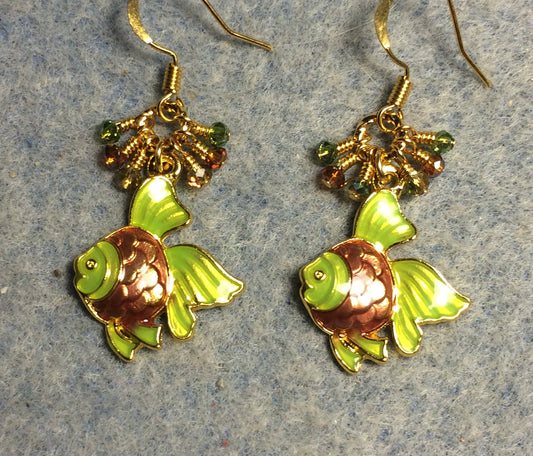 Lime green and brown enamel angelfish charm earrings adorned with tiny dangling lime green and brown Chinese crystal beads.