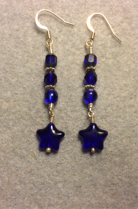 Small cobalt blue Czech glass star bead earrings adorned with cobalt blue Czech glass beads.