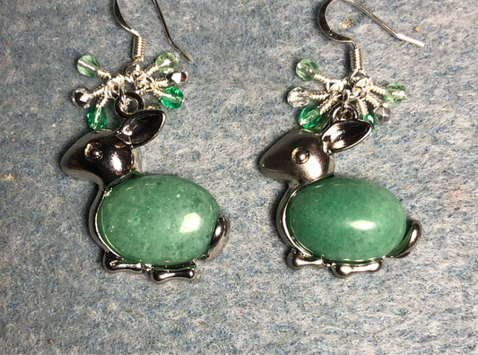 Large silver and green aventurine gemstone rabbit charm earrings adorned with small dangling green and silver Czech glass beads.