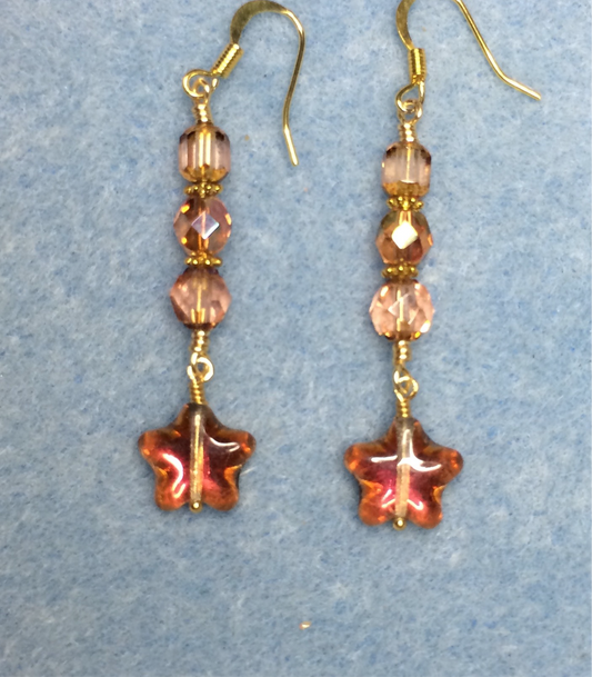 Small sparkly peach Czech glass star bead earrings adorned with peach Czech glass beads.