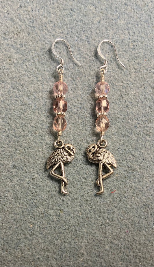 Silver flamingo charm earrings adorned with light pink Czech glass beads