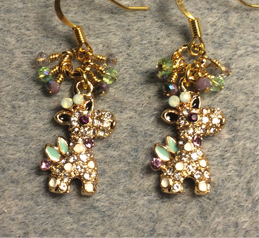 Light green and purple rhinestone giraffe charm earrings adorned with tiny dangling purple, green, and clear Chinese crystal beads.