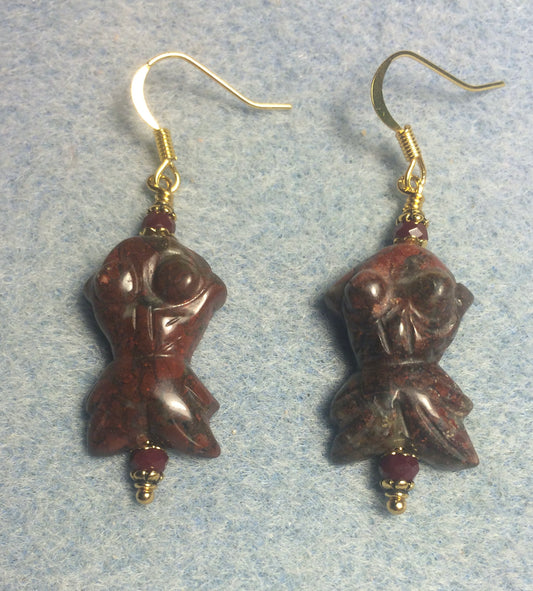 Carved red brecciated jasper gemstone goldfish bead earrings adorned with dark red Chinese crystal beads.