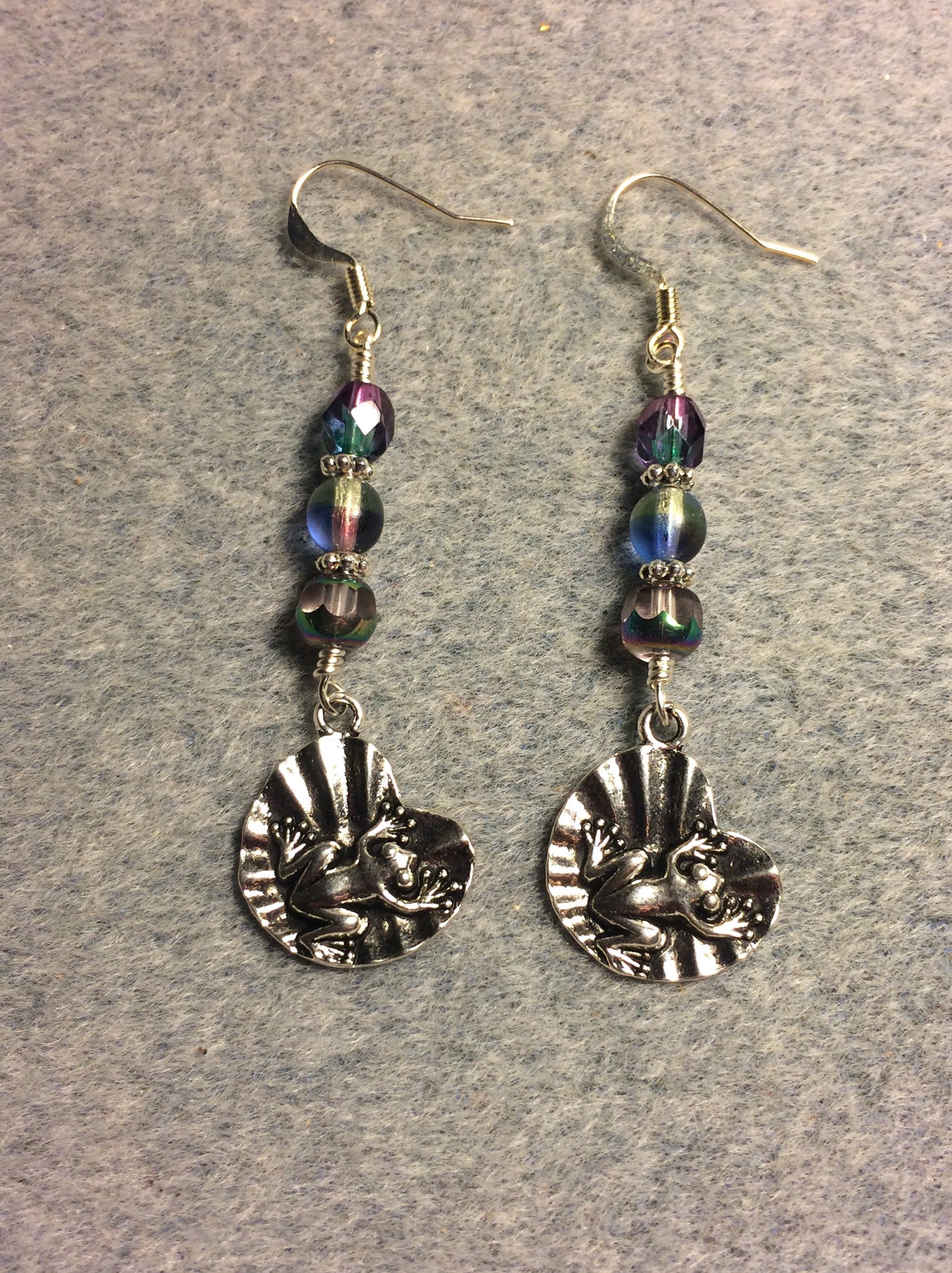 Silver frog in a lily pad charm earrings adorned with purple blue green Czech glass beads