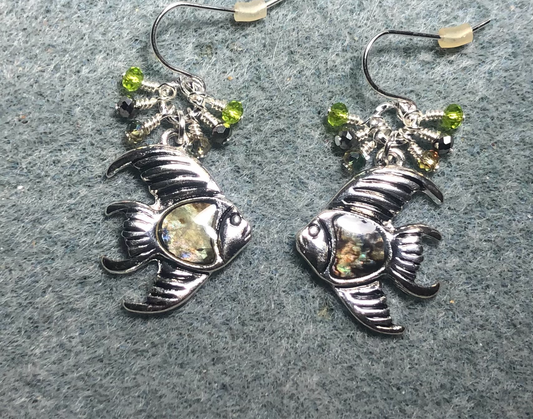 Silver and abalone goldfish charm earrings adorned with small dangling green and silver  Chinese crystal beads.
