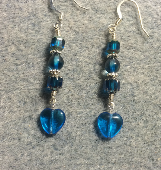 Small bright blue Czech glass heart bead earrings adorned with bright blue Czech glass beads.