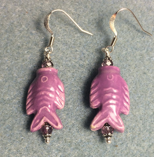 Purple ceramic fish bead earrings adorned with purple Chinese crystal beads.