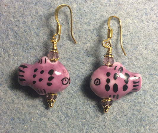 Purple ceramic spotted fish bead earrings adorned with purple Chinese crystal beads.