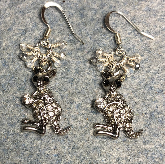 Silver rhinestone kangaroo charm earrings adorned with tiny dangling clear and silver Chinese crystal beads.