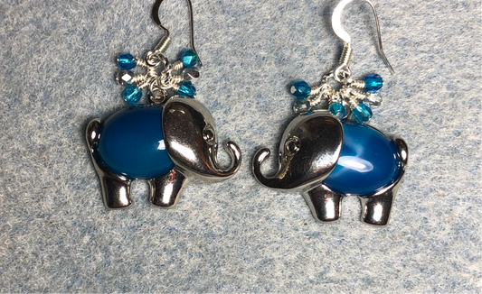 Large silver and blue striped agate gemstone elephant charm earrings adorned with small dangling turquoise and silver Czech glass beads.