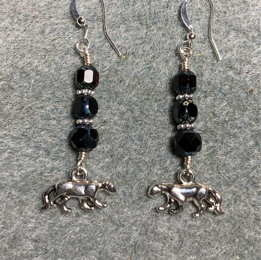 Silver panther charm earrings adorned with black Picasso Czech glass beads
