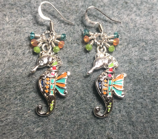 Turquoise, orange, and green enamel seahorse charm earrings adorned with small dangling turquoise, orange, and green Chinese crystal beads.