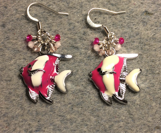 Hot pink and white enamel striped angelfish charm earrings adorned with tiny dangling hot pink and light pink Chinese crystal beads.