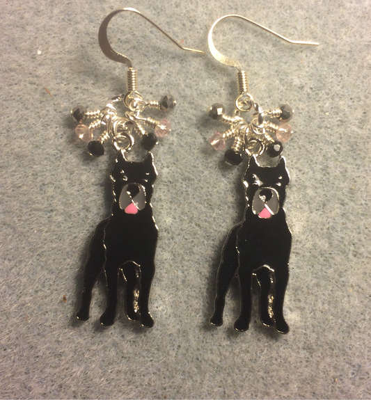 Black, gray, and pink enamel Great Dane charm earrings adorned with tiny dangling black, gray, and pink Chinese crystal beads.