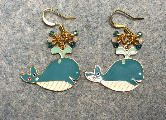Turquoise and white enamel whale charm earrings adorned with tiny dangling turquoise and white Chinese crystal beads.